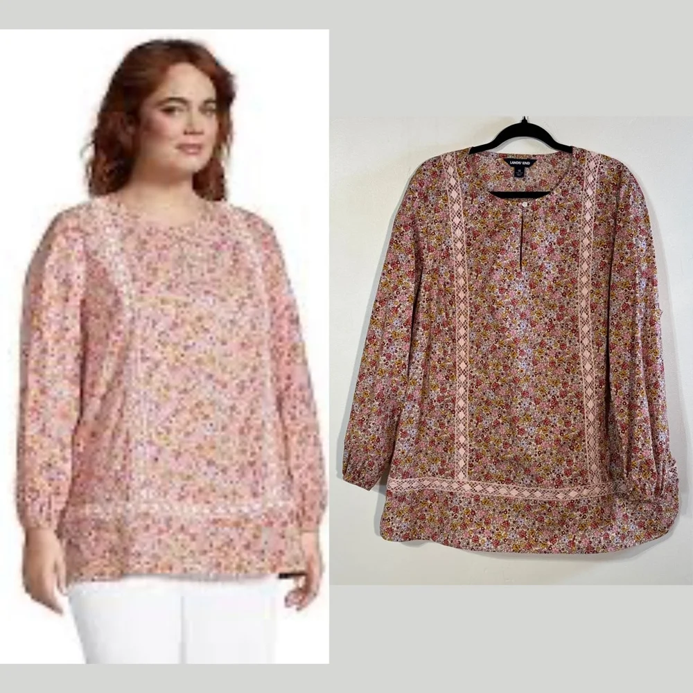 Lands' End Poplin Splitneck Tunic Top Women's Size 1X Pink Ditzy Floral Boho
